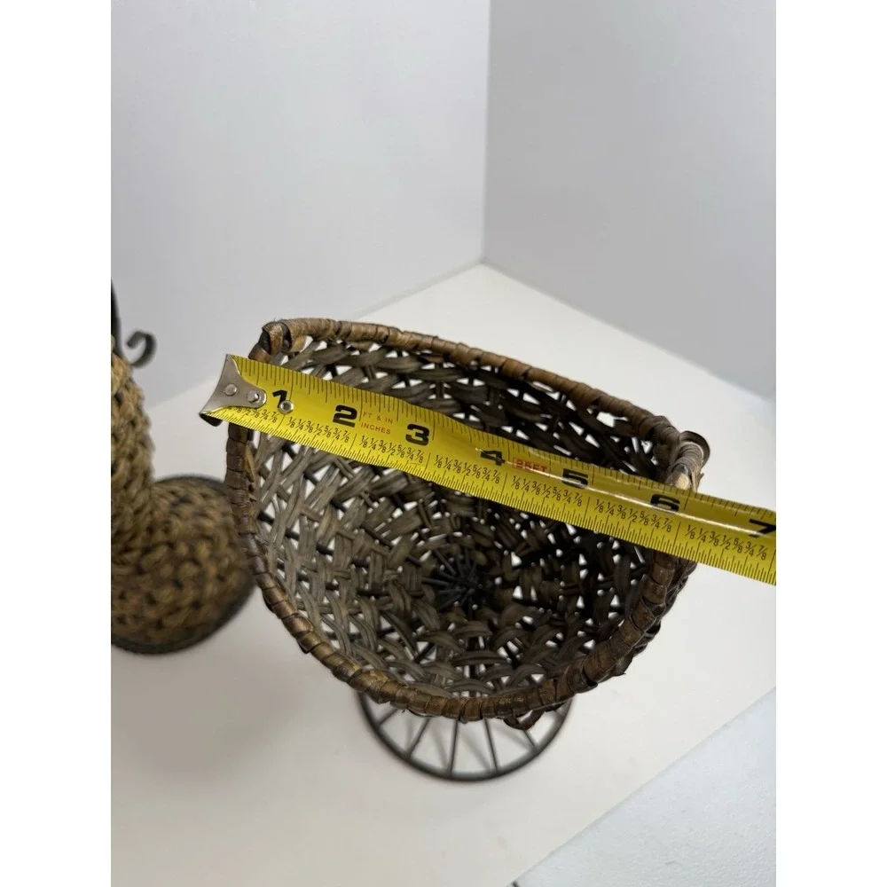 Vintage Woven Wicker & Scroll Metal Pedestal Basket Stand 12.5